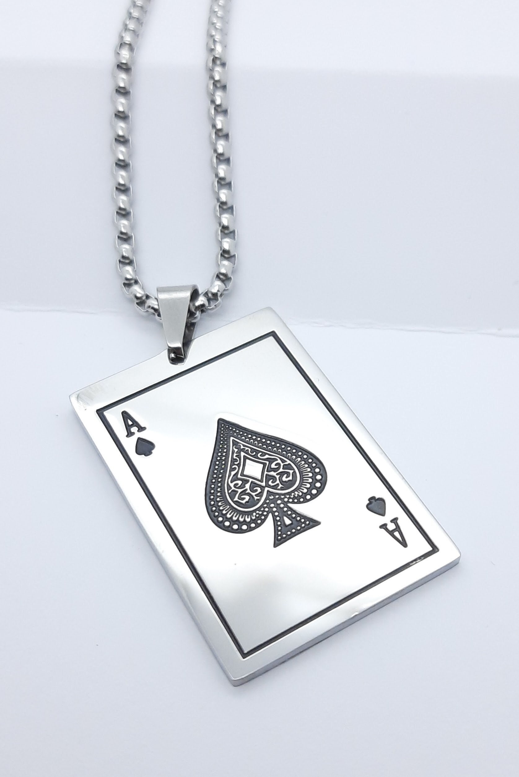 Gold Ace of Spade Playing Card Pendant Necklace 3mm Figaro Chain For Women  or Men