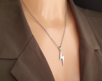 Lightning necklace, dainty bolt of lightning pendant, womens necklaces, silver lightning streak, stainless steel necklaces