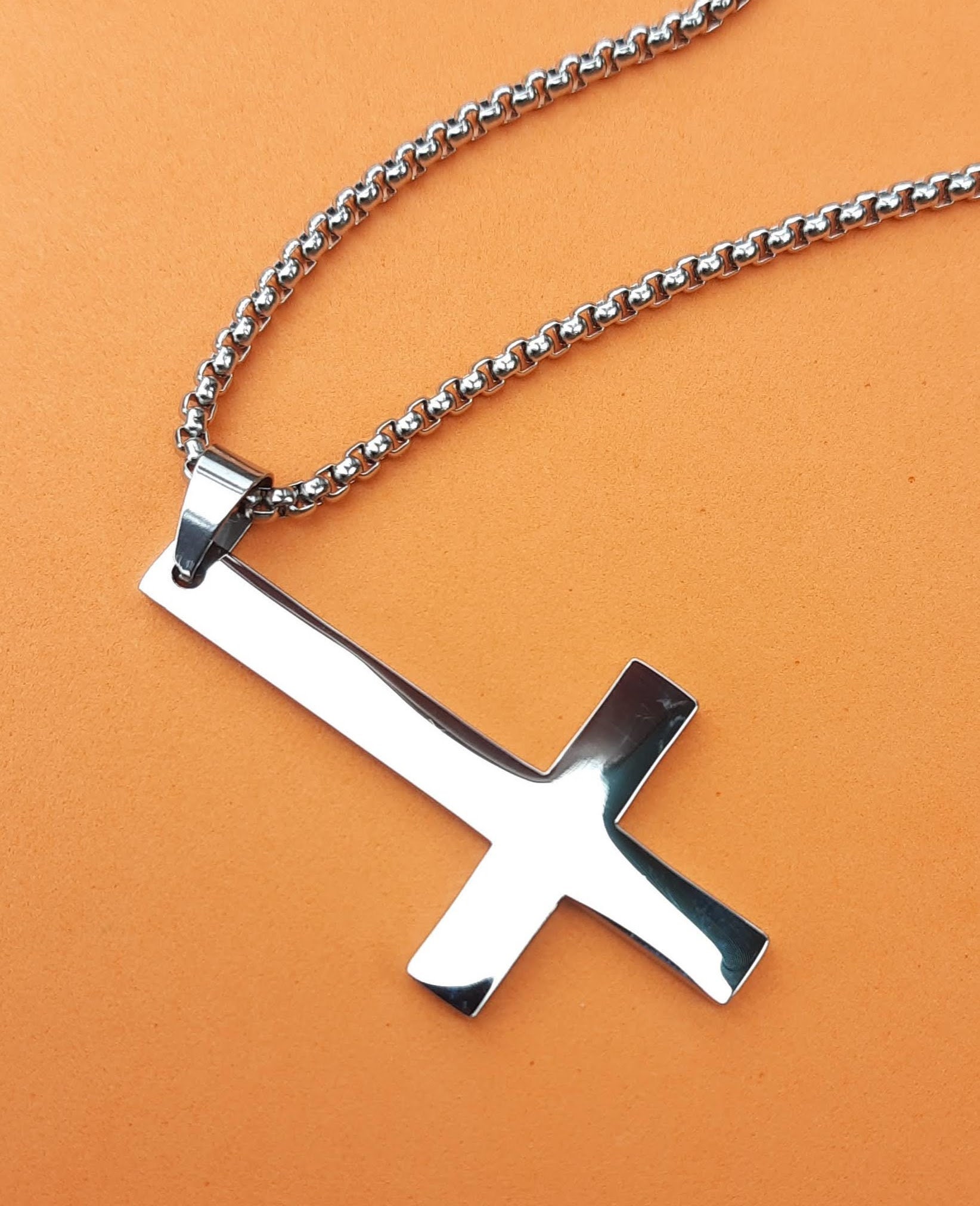 Upside Down Inverted Cross Necklace With Trident Curb Cuban 
