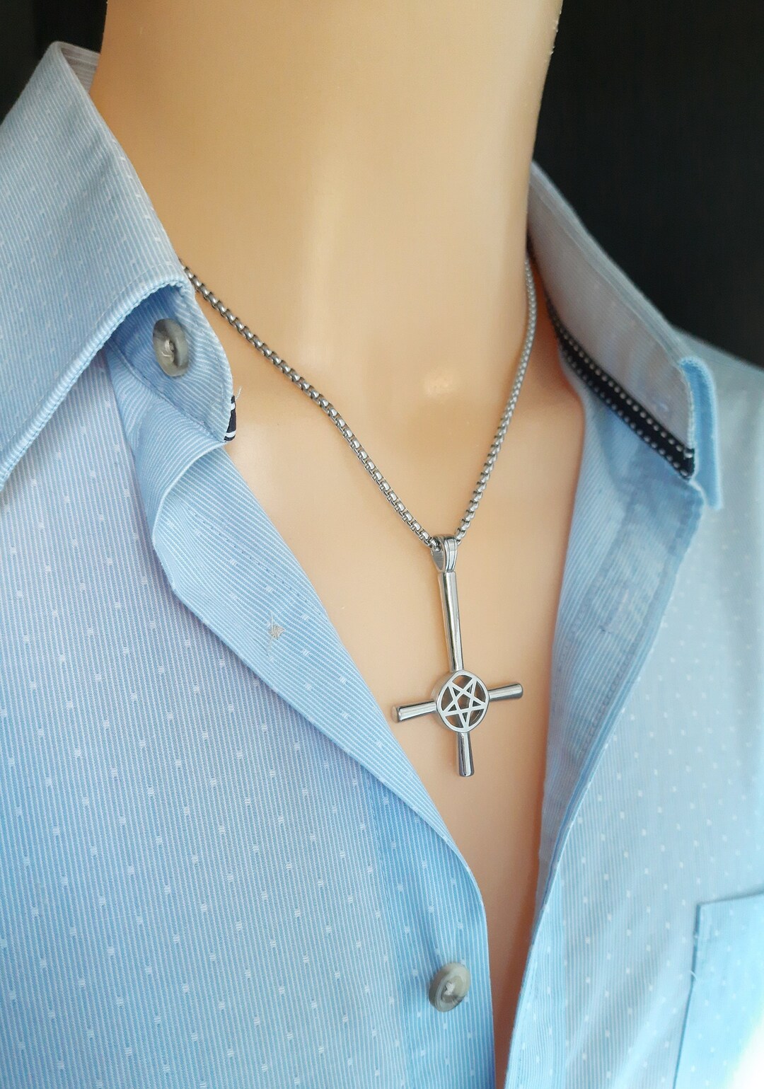 Upside Down Cross Necklace With Pentagram, Inverted Cross Necklace, Pentgram Pendant, Cross of