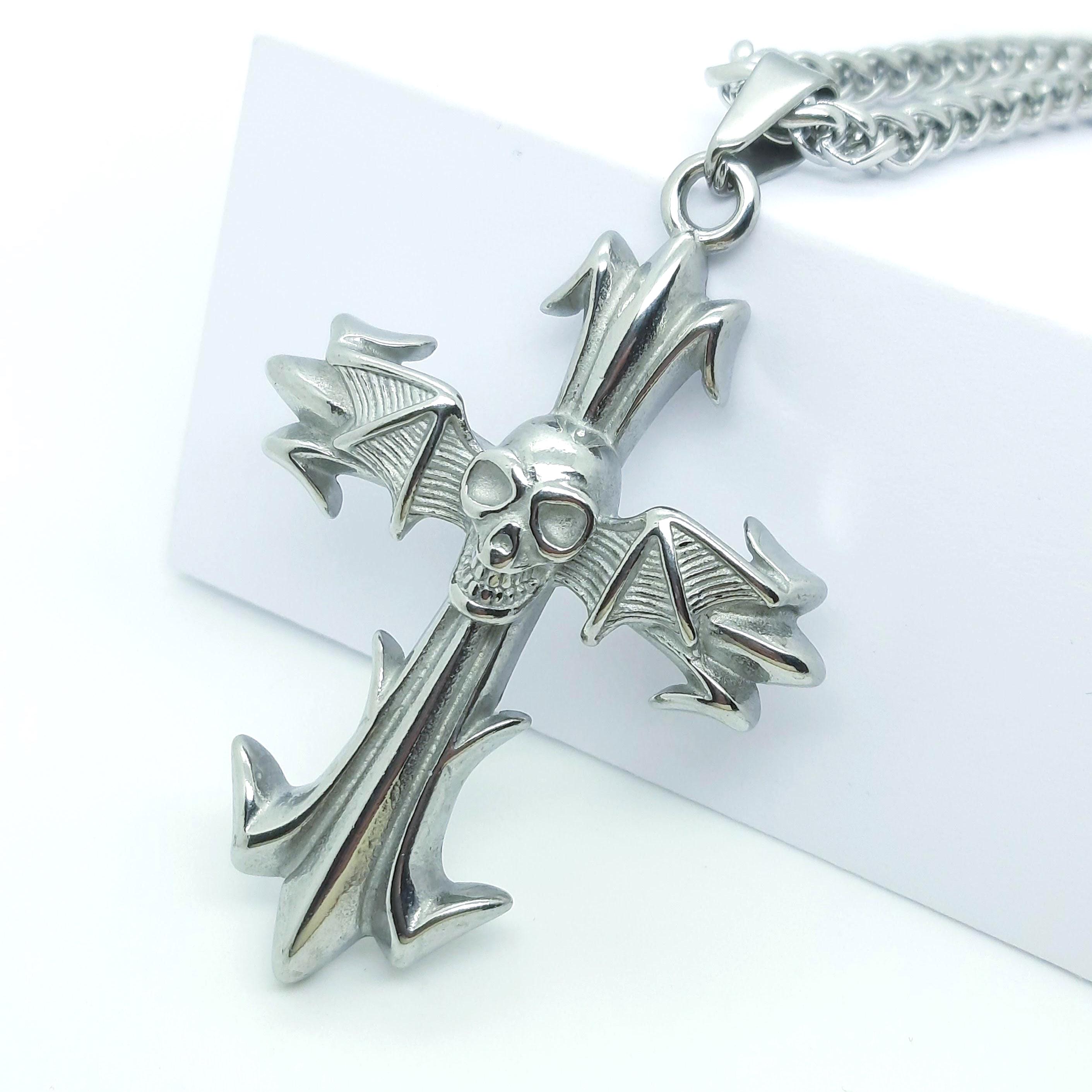 Skull Cross & Bat Wings Necklace: Gothic Biker Pendant - Etsy