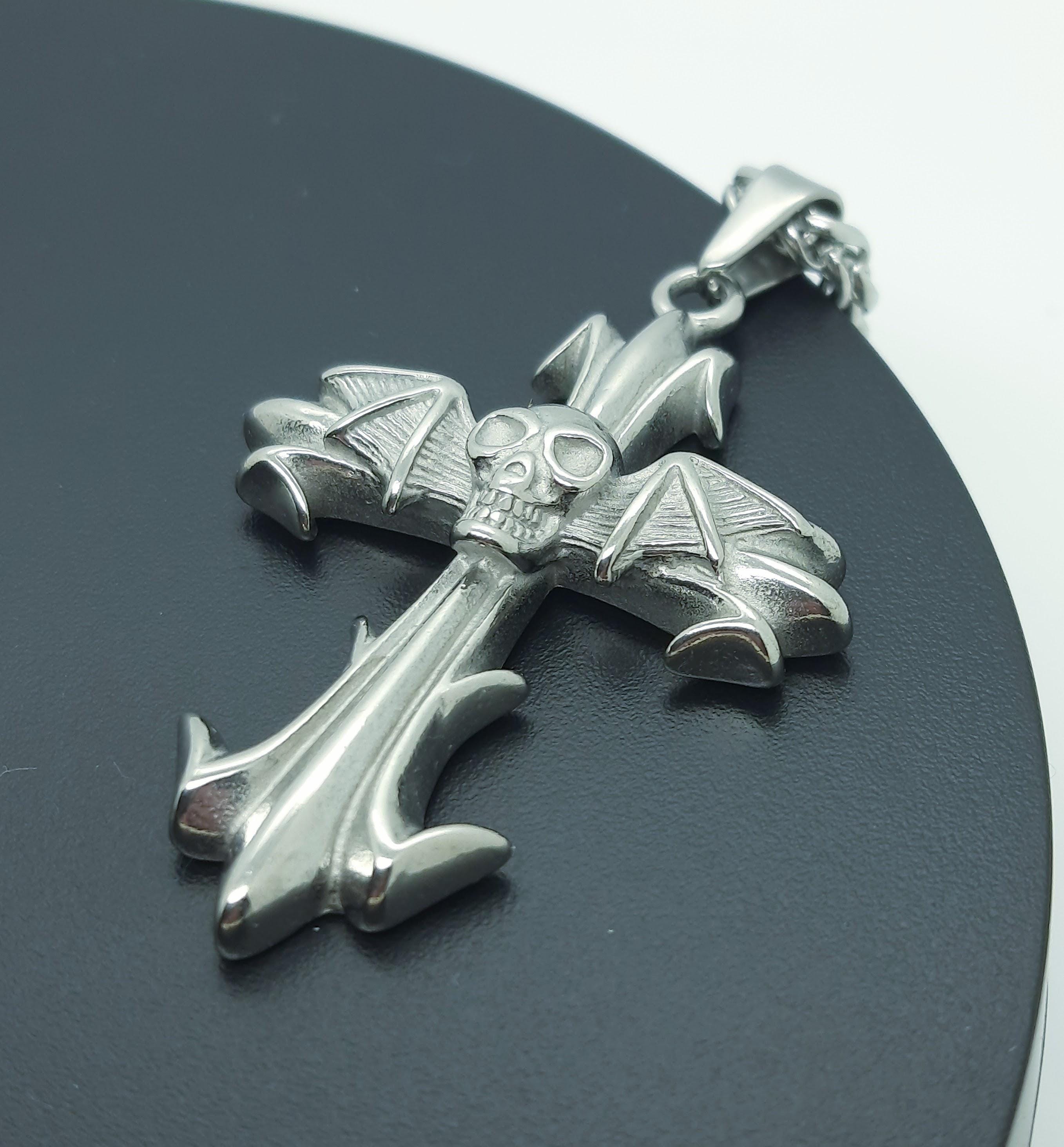 Skull Cross & Bat Wings Necklace: Gothic Biker Pendant - Etsy