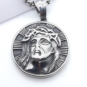 Crucifix necklace, Jesus necklace, religious pendant, face of Jesus, crucifixion medallion, holy crown