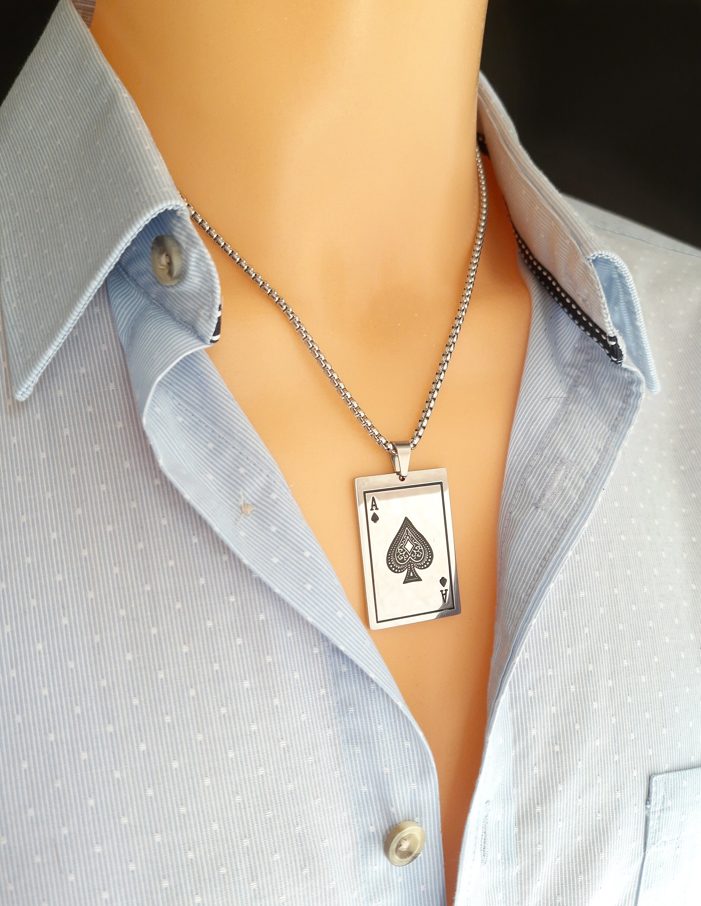 Gold Ace of Spade Playing Card Pendant Necklace 3mm Figaro Chain For Women  or Men