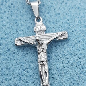 thumbnail image 2 of Stainless Steel Cuban Curb Necklace With JESUS Cross Pendant – 9x4mm, Matte Silver, H&J Jewelry 2 of 4