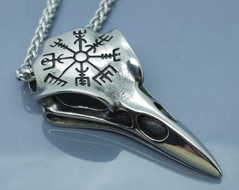 Odin's Raven Skull Necklace: Vegvisir Viking Compass Pendant