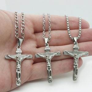 OIDEA 6mm Stainless Steel Rosary Necklace – Vintage Jesus Crucifix Cross Pendant Beads, Silver