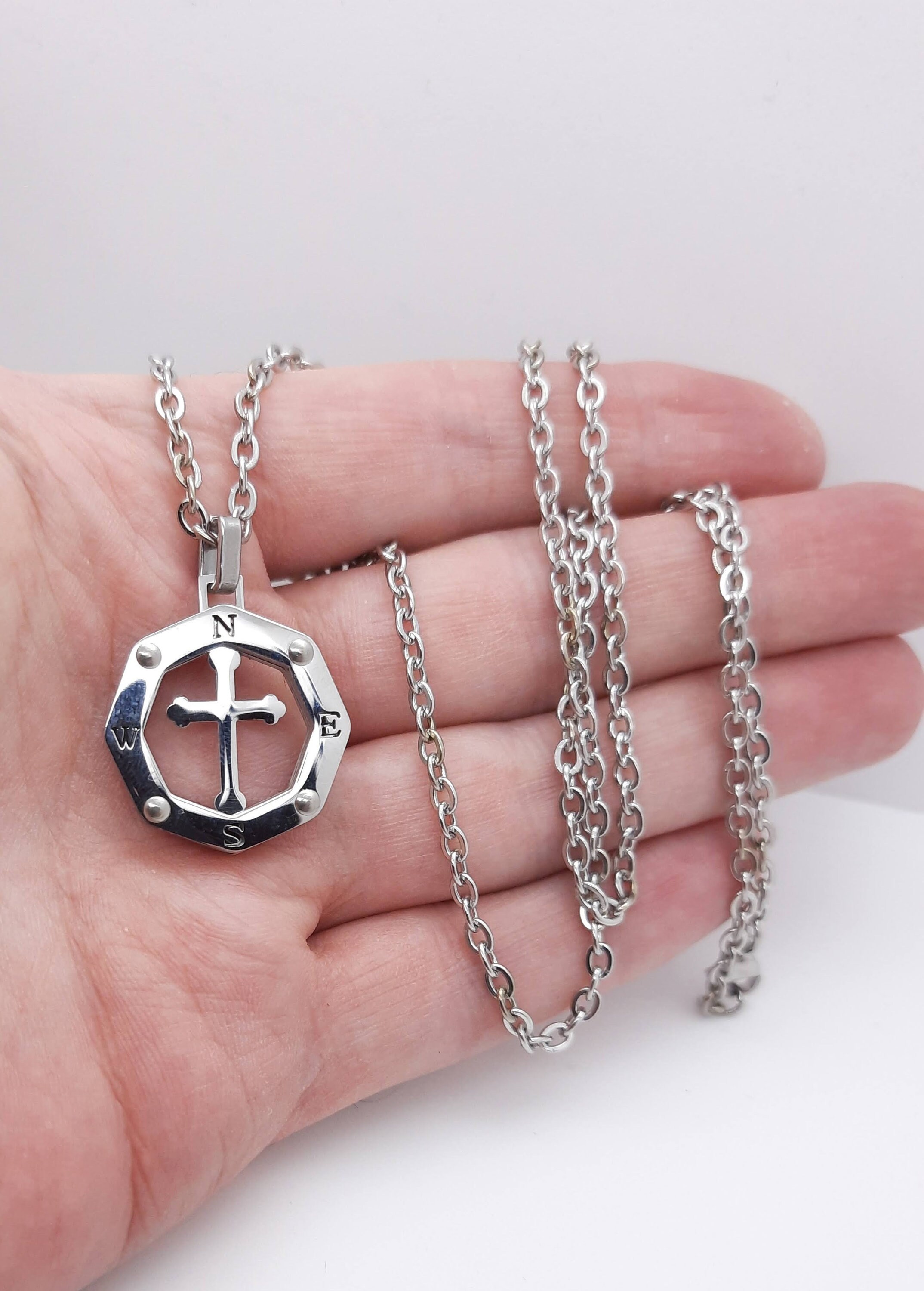 Compass Necklace Cross Silver Compass With Cross Womens Etsy UK