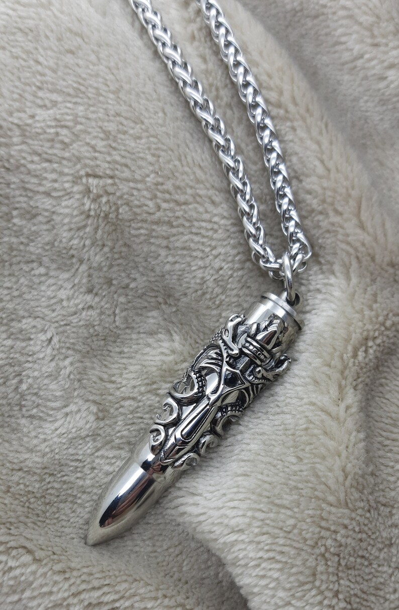Silver bullet pendant necklace with dragons and sword emblem, capsule necklace, imitation bullet pendant, snowstarpendants