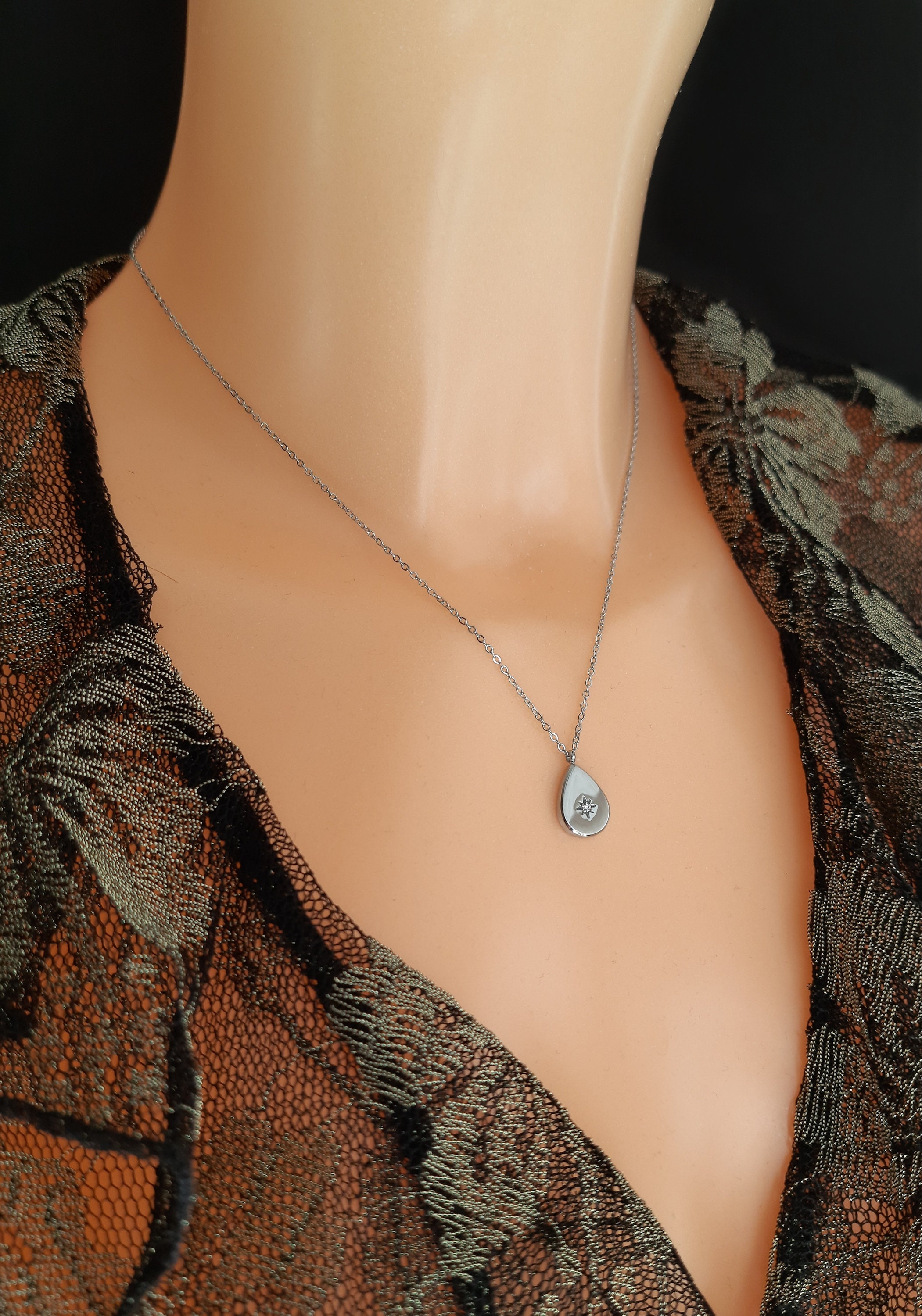 Womens Necklace, Silver Teardrop Pendant, North Star Pendant