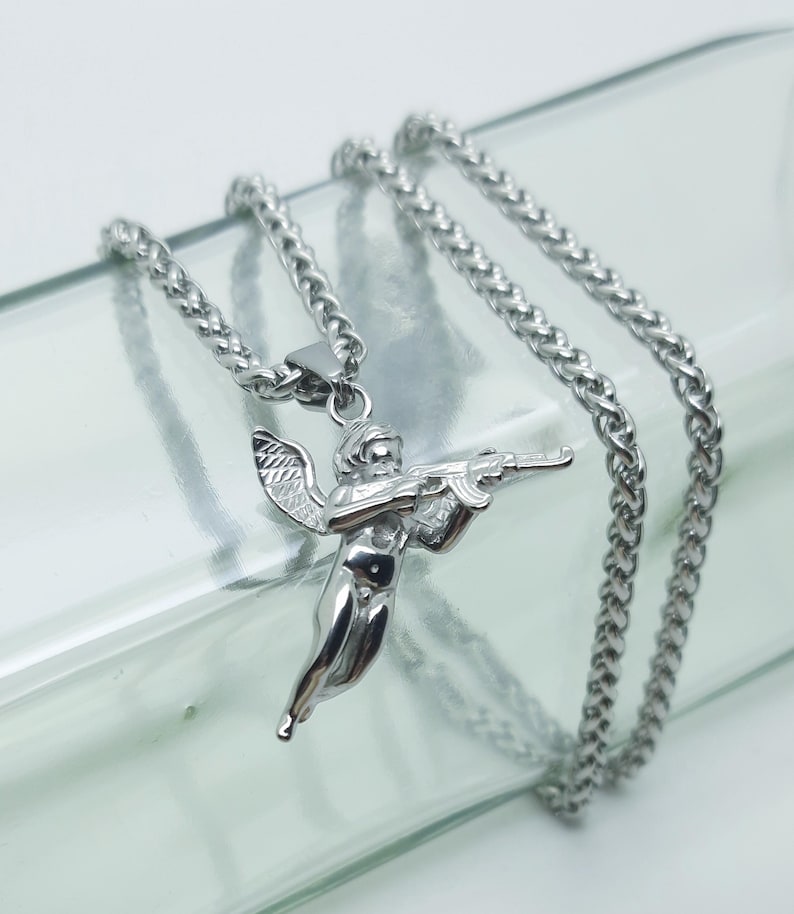 Collana con ciondolo a forma di pistola di Cupido, angelo cherubino, per uomo e donna immagine 4
