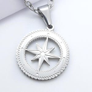 Silver north star necklace, north star pendant, compass necklace, travel charm, stainless steel