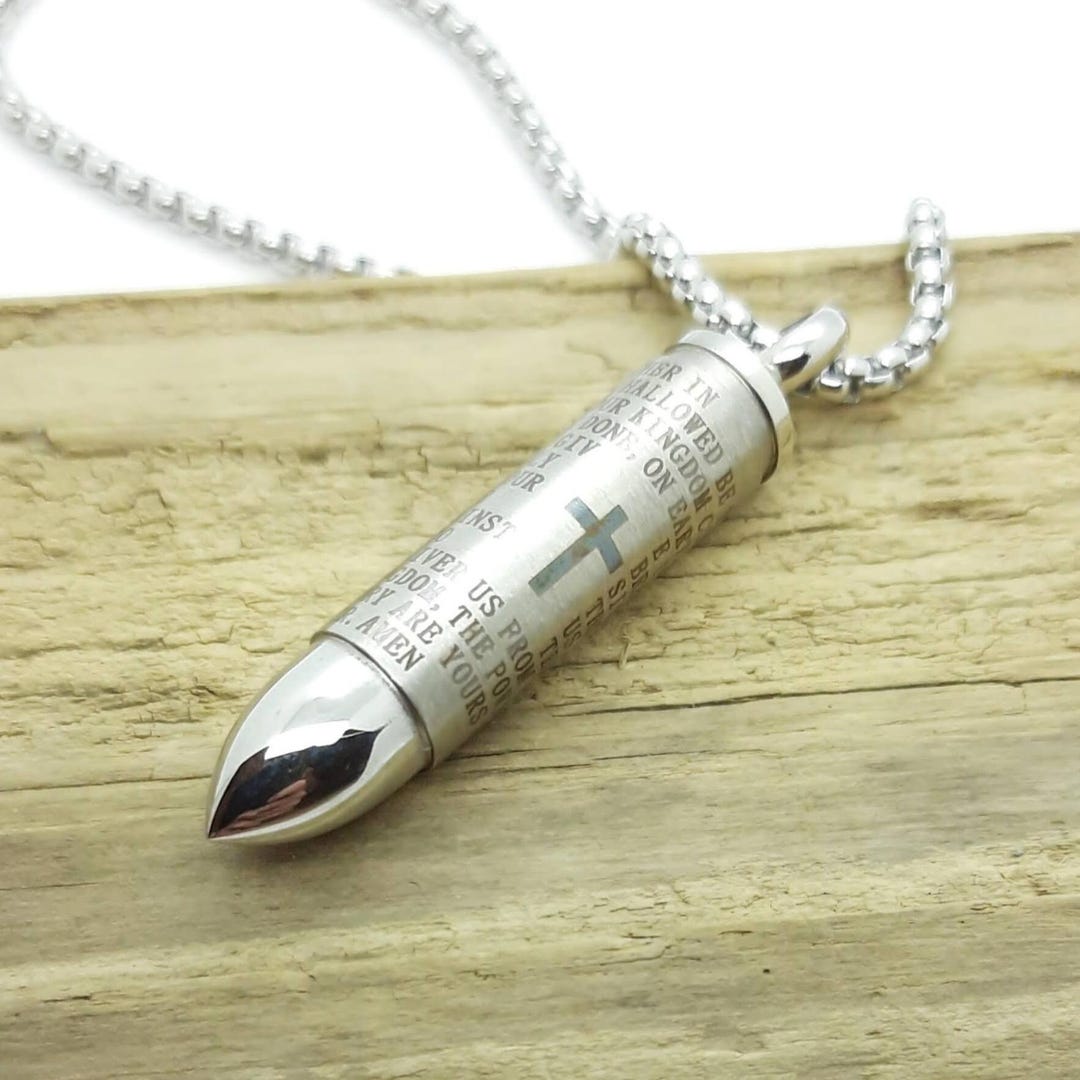 Bullet Necklace, Lords Prayer Bullet Pendant, Capsule Pendant