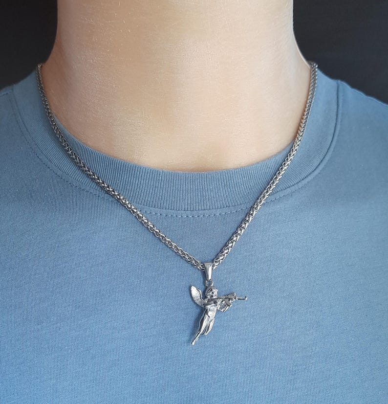 Collana con ciondolo a forma di pistola di Cupido, angelo cherubino, per uomo e donna immagine 8
