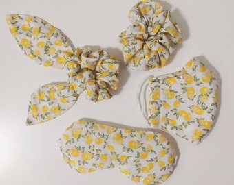White  sleep mask for kids with lemon print, Cotton  sleep mask for kids. Set for girls eye mask, hair bands and hair rubber
