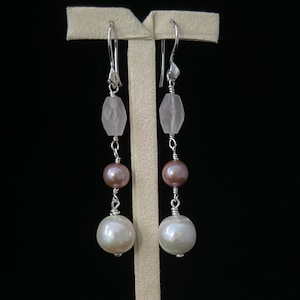 Long Earrings in Sterling Silver with Pink Blush Pearl and Large White Round Freshwater Pearl