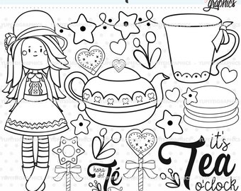 Tea Time Stamps, Tea Stamps, COMMERCIAL USE, Tea Pot Stamps, Tea DigiStamps, Tea Digital Stamps, Girl Stamps, Tea Pot Digistamps, Teacups