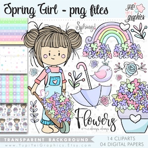 Spring Clip Art, Spring Girl Clipart, COMMERCIAL USE, Spring Clipart, Garden Clipart, Floral Clipart, Rainbow Clipart, Garden Clip Art