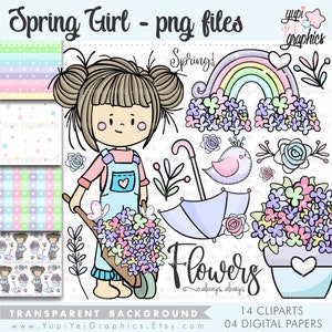 Clipart printemps, clipart fille printemps, usage commercial, clipart printemps, clipart jardin, clipart floral, clipart arc en ciel, clipart jardin