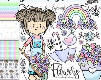 Spring Clip Art, Spring Girl Clipart, COMMERCIAL USE, Spring Clipart, Garden Clipart, Floral Clipart, Rainbow Clipart, Garden Clip Art