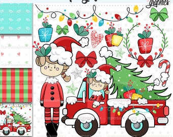 Christmas Clipart, Christmas Graphics, COMMERCIAL USE, Christmas Truck, Christmas Girl Clipart, Christmas Tree Clipart, Candy Cane Clipart