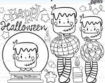 Halloween Stamps, Franskenstein Stamps, COMMERCIAL USE, Halloween DigiStamps, Digital Images, Halloween Images, Halloween Coloring Pages