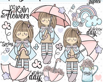 Spring Clipart, April Showers Clipart, COMMERCIAL USE, Umbrella Clipart, Floral Clipart, Rainbow Day Clipart, Spring Clip Art, Spring Girl