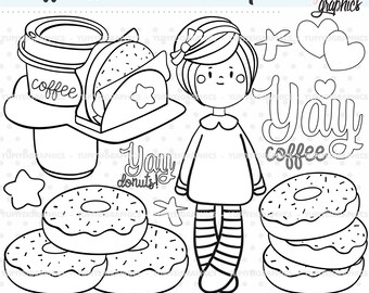 Donut Digital Stamps, Donut Stamps, Coffee Stamps, COMMERCIAL USE, Dessert Stamps, Donut Coloring Pages, Coffee Coloring Pages, Sweet Stamps