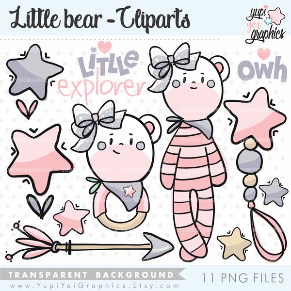 Baby Clipart, Baby Girl Clipart, Nursery Decor, COMMERCIAL USE, New Born, Baby Shower, Bear Clipart, Bear Graphics, Baby Girl Graphics, Baby