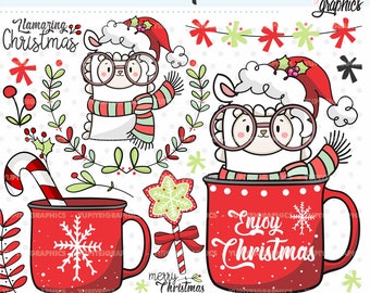 Christmas Clip Art, Christmas Llama, COMMERCIAL USE, Llama Clipart, Alpaca Clipart, Mug Clipart, Christmas Graphics, Christmas Decor, Mug