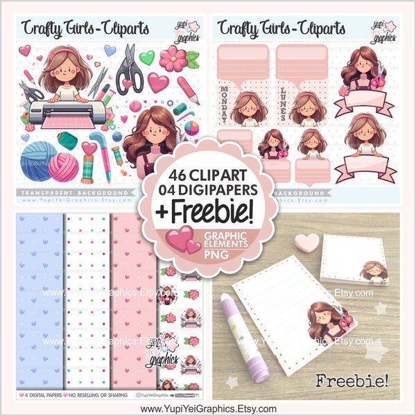 Crafty Girls Clipart, Girls Clipart, Digital Papers, Notepads, Crafty Girls, Craft Clipart, Crafty Girl Clipart, Craft Tools Clipart, Girls