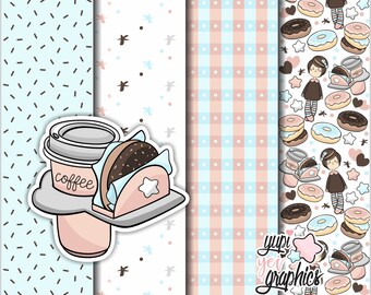 Donut Digital Paper, Coffee Digital Paper, COMMERCIAL USE, Sweet Digital Paper, Donut Pattern, Coffee Pattern, Digital Paper, Pattern