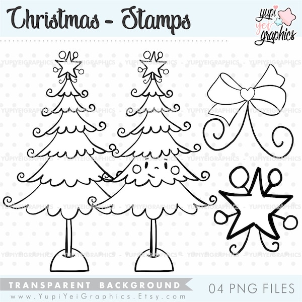 Christmas Stamps, Christmas Digital Stamps, COMMERCIAL USE, Coloring Pages, Christmas Trees Stamps, Christmas Coloring Pages, Bow Stamps