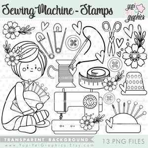 Sewing Machine Stamps, Sewing Stamps, Crafty Girl, COMMERCIAL USE, Sewing Machine PNG, Scrapbook Girl, Scrapbooking Stamps, Sewing Tools