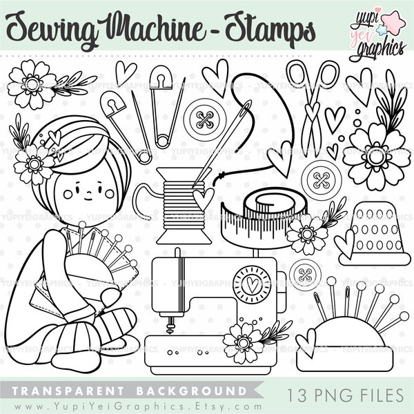 Sewing Machine Stamps, Sewing Stamps, Crafty Girl, COMMERCIAL USE, Sewing Machine PNG, Scrapbook Girl, Scrapbooking Stamps, Sewing Tools