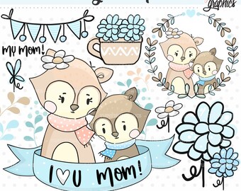 Mothers Day Clipart, Mom Clipart, COMMERCIAL USE, Mother's Day Clipart, Fox Clipart, Mom and Baby, Flowers Clipart, Family Clipart, Clip Art