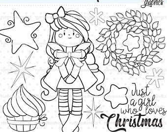 Christmas Stamps, Christmas Coloring Pages, COMMERCIAL USE, Coloring Pages, Christmas Clip Art, Christmas Girl Stamps, Digital Stamps