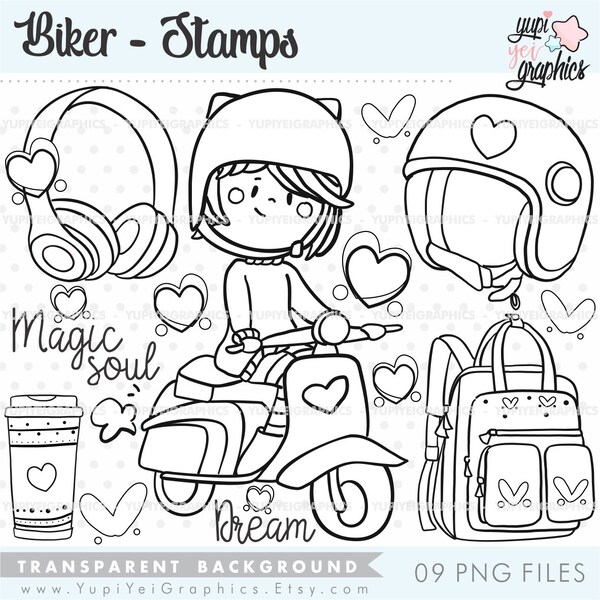 Biker Digital Stamps, Biker Stamps, Travel Stamps, COMMERCIAL USE, Travel Clipart, Motorcycle Stamps, Motor Bike, Girl Stamps, School