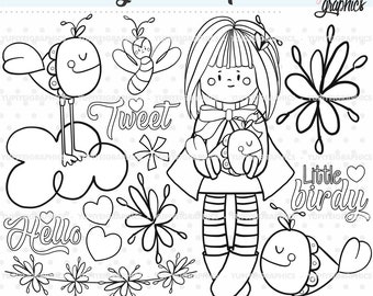 Spring Stamps, Spring Digital Stamps, Bird Stamps, COMMERCIAL USE, Little Birdy, Girl Digital Stamps, Spring Coloring Pages, Handrawn Stamps