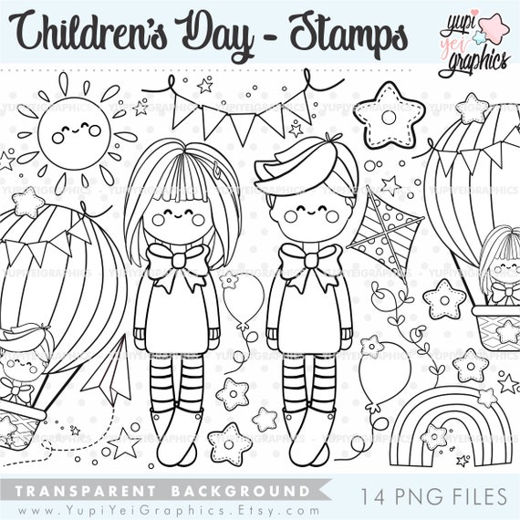 Children Digital Stamp, Kid Stamp, Happy Children's Day, Children's Day,  Kids Playing Outdoors, Hot Air Balloon Stamps, Kids Playing Outside 