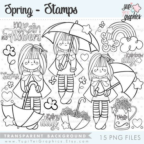 Spring Stamps, April Showers Stamps, COMMERCIAL USE, Umbrella Stamps, Floral Stamps, Rainbow Stamps, Spring Digital Stamps, Spring Clipart