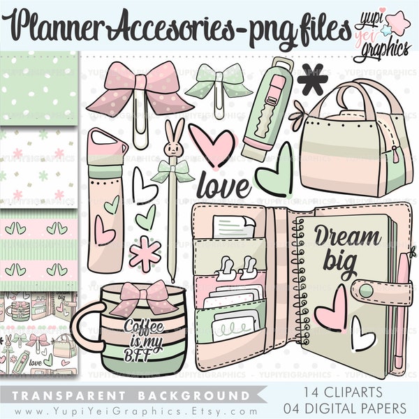 Planner Accesories Clipart, Planner Clipart, Coffee Cup Clipart, COMMERCIAL USE, Planner Girl Clipart, Office Stuff Clipart, School Clipart