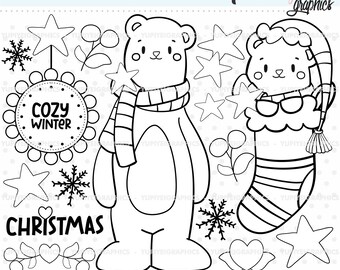 Christmas Stamps, Winter Bear Stamps, COMMERCIAL USE, Christmas Bear Stamps, Bear Stamps, Christmas Digistamps, Christmas Digital Stamps