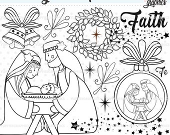 Nativity Stamps, Nativity DigiStamps, COMMERCIAL USE, Christmas Stamps, Christmas DigiStamps, Nativity Coloring Pages, Christmas Images