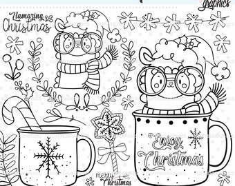 Christmas Llama Stamps, Christmas Stamps, COMMERCIAL USE, Christmas Coloring Pages, Holiday Stamps, Christmas Clipart, Llama Stamps, Alpaca