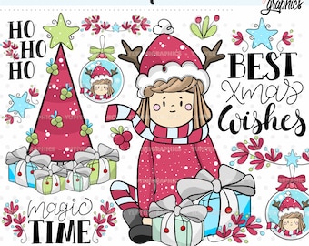 Christmas Clip Art, Christmas Girl Clipart, COMMERCIAL USE, Christmas Tree Clipart, Christmas Gift Clipart, Santa Clipart, Christmas Balls