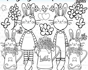 Spring Stamps, Bunny Stamps, COMMERCIAL USE, Flower Stamps, Bunny Digital Stamps, Bunny Clipart, Spring Coloring Pages, Easter Clipart