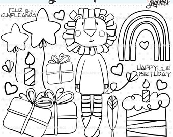 Birthday Stamps, Birthday Digistamps, Lion Stamps, COMMERCIAL USE, Birthday Coloring Pages, Lion Coloring Pages, Happy Birthday Stamps, Lion