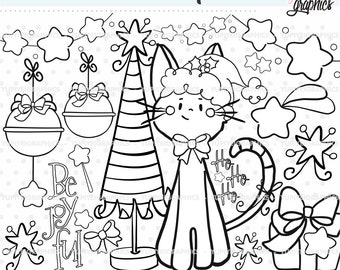 Christmas Stamps, Christmas Digital Stamps, COMMERCIAL USE, Coloring Pages, Cat Stamps, Christmas Cat, Christmas Tree Stamps, Christmas