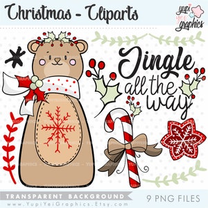 Christmas Clipart, Christmas Illustrations, COMMERCIAL USE, Christmas Bear, Christmas Decor, Bear Clipart, Jingle All the Way, Candy Cane image 1